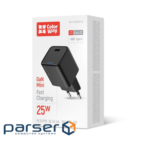 Зарядний пристрій ColorWay GaN Mini 25W PD Port PPS USB-C black (CW-CHS052PD-BK)