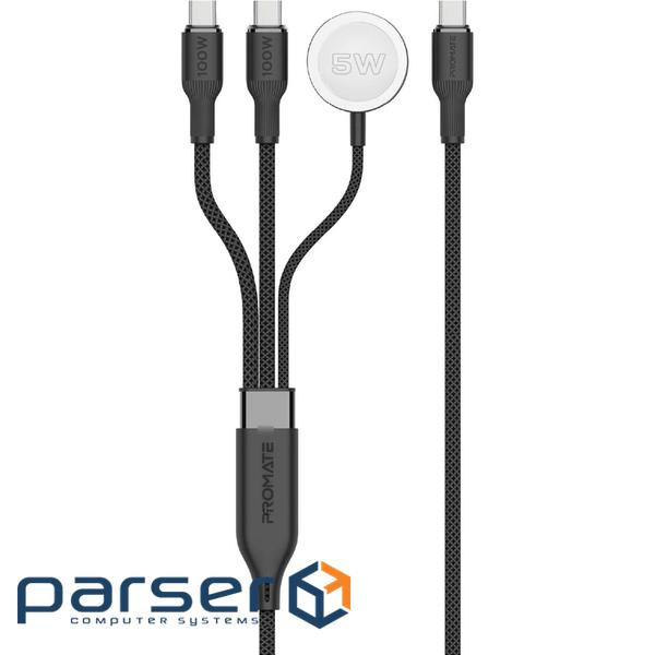 Дата кабель USB-C to 2xUSB-C 100W + Apple Watch 5W 1.4m FUSION-CCW black Promate (fusion-ccw.black)