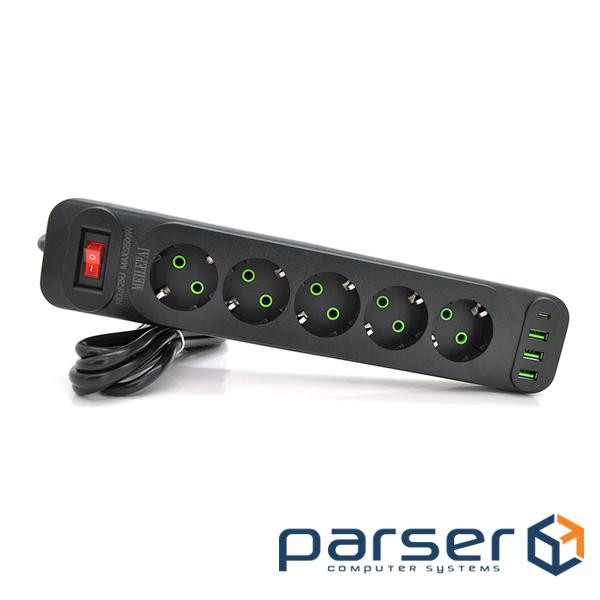 Мережевий фільтр F25U, 5 розеток EU+3 USB+PD, кнопка включення з індикатором, 2 м, 3х0, (F25U-Black) 0, (F25U-Black)