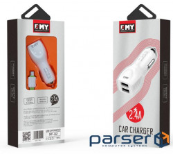 Автомобільний зарядний пристрій EMY, White, 2xUSB, 2.4A, кабель USB <-> iPhone5 (MY-112 White)