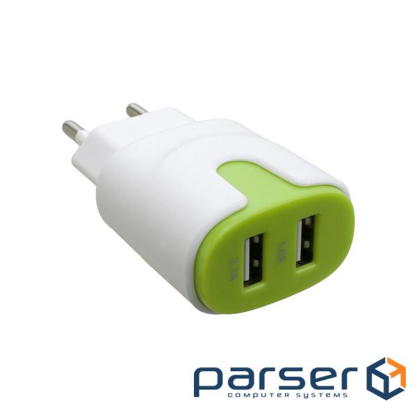 Зарядний пристрій Patron 2xUSB 2.0 2A/1A white/green (PN-2USB-220V-G)