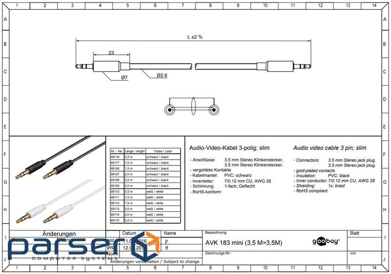 Кабель аудіо-сигнальний Jack 3.5mm 3pin M/M 1.0m,Shielded AWG28 D=2.6mm AUX Cu,чорний (75.06.9117-5 (75.06.9117-5