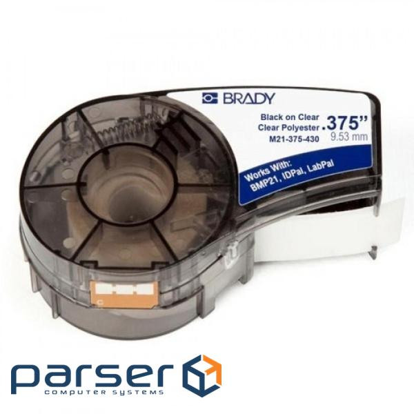 Brady label printer ribbon polyester, 9.53mm / 6.4m. Black on Transparent (M21-375-430)