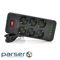 Мережевий фільтр F33U, 6 розеток EU + 4 USB + 2 PD, кнопка включення з індикатором, 2 м (F33U-Black) (F33U-Black)
