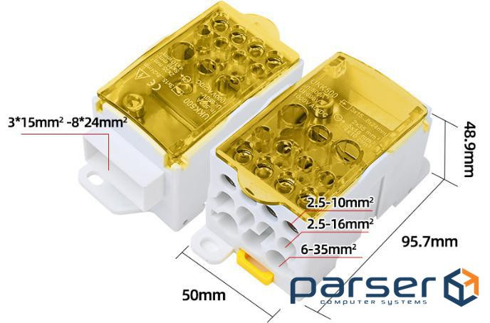 Паралельний розгалужувач-спліттер проводів UKK500, 11виходів(латунь)4-2,5*10мм2*1-3- (UKK500 YELLOW) 2*1-3- (UKK500 YELLOW)