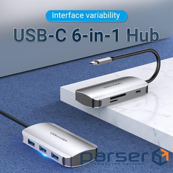 Концентратор Vention USB3.1 Type-C --> USB 3.0x3/SD/TF/PD 100W Hub 6-in-1 (TNHHB)