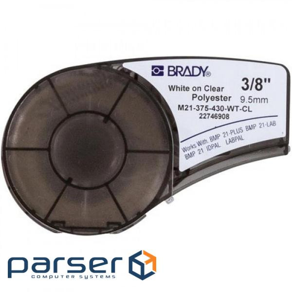 Brady label printer ribbon polyester, 9.53mm / 6.4m. White on Transparent (M21-375-430-WT-CL)