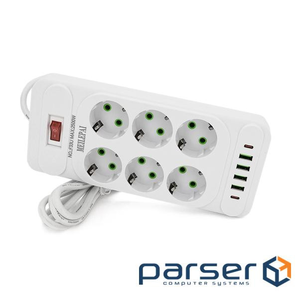 Мережевий фільтр F33U, 6 розеток EU + 4 USB + 2 PD, кнопка включення з індикатором, 2 м (F33U-White) (F33U-White)