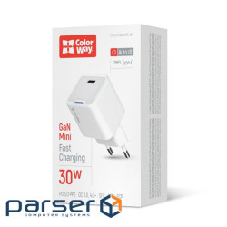 Мережевий зарядний пристрій ColorWay, White, 30 Вт , GaN, 1xType-C (PD3.0), Auto ID (CW-CHS054PD-WT)