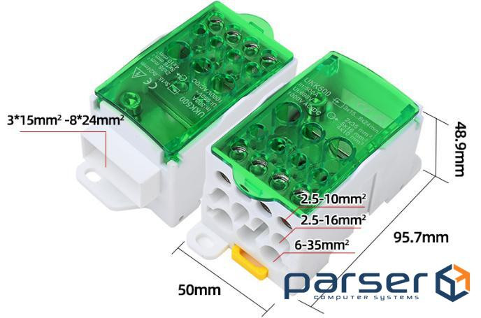 Паралельний розгалужувач-спліттер проводів UKK500, 11виходів(латунь)4-2,5*10мм2*1-3-1 (UKK500 GREEN) 2*1-3-1 (UKK500 GREEN)