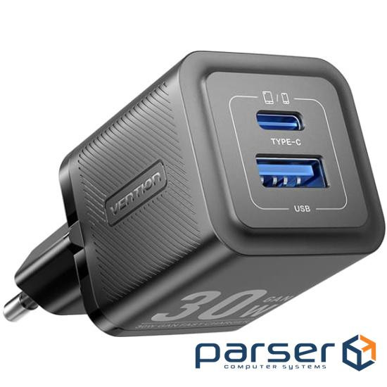 Зарядний пристрій 2xUSB 30W (USB-A/USB-C) + USB-C cable М-М Black Vention (TZ-FEQB0-EU-01)