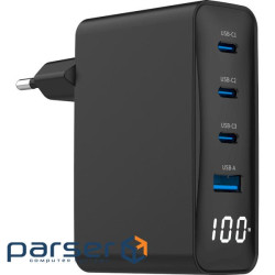 Зарядний пристрій GEMBIRD 1xUSB-A, 3xUSB-C, PD+QC3.0 GaN 100W Black (TA-UC-PDQC100LCD-01-BK)