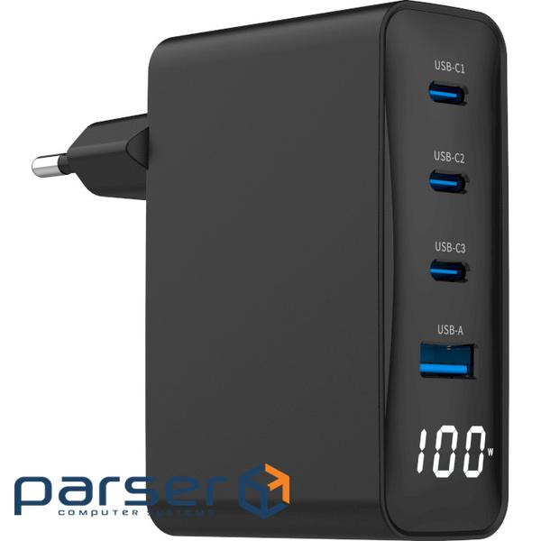 Зарядний пристрій GEMBIRD 1xUSB-A, 3xUSB-C, PD+QC3.0 GaN 100W Black (TA-UC-PDQC100LCD-01-BK)