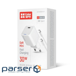 Мережевий зарядний пристрій ColorWay, White, 30 Вт , GaN, 1xType-C (PD3.0), Auto ID (CW-CHS054PDC-WT)