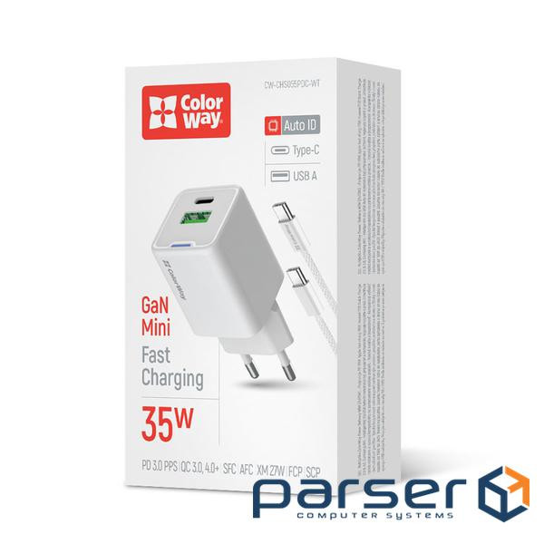 Мережевий зарядний пристрій ColorWay, White, 35 Вт , GaN, 1xType-C (PD3.0) / 1xUSB (CW-CHS055PDC-WT)