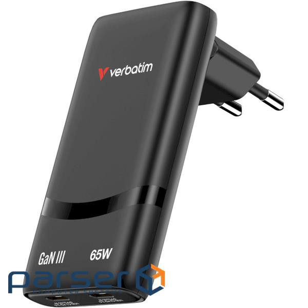 Зарядний пристрій VERBATIM Fold 'n' Go GaN 65W 2xUSB-C, PD3.0 Black (32354)