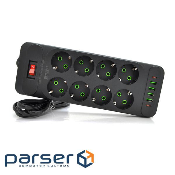Мережевий фільтр F34U, 8 розеток EU + 4 USB + 2 PD, кнопка включення з індикатором, 2 м (F34U-Black) (F34U-Black)