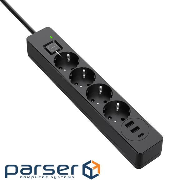 Мережевий фільтр COLORWAY CW-CHE432PDB Black, 4 розетки, 1xUSB-C, 2xUSB, 2м