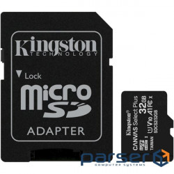 Карта пам'яті KINGSTON microSDHC Canvas Select Plus 32GB UHS-I V10 A1 Class 10 + SD-adap (SDCS2/32GB)
