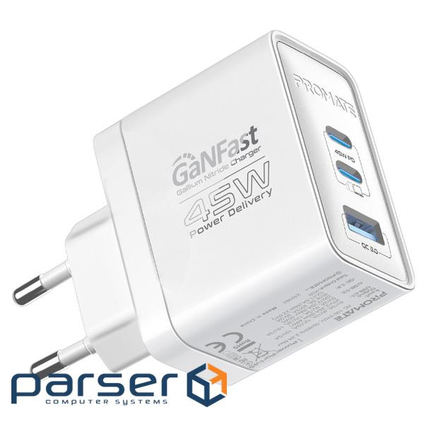 Зарядний пристрій Promate powerport-45 2xUSB-C PD + USB-A QC 45W White (powerport-45.white)