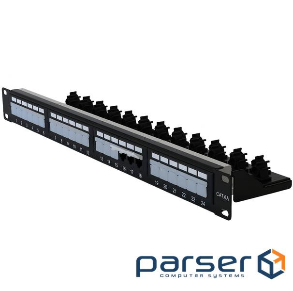 Patch panel 19" 24xRJ-45 UTP, cat. 6a, with rear organizer with plastic curtains (LW-PP74)
