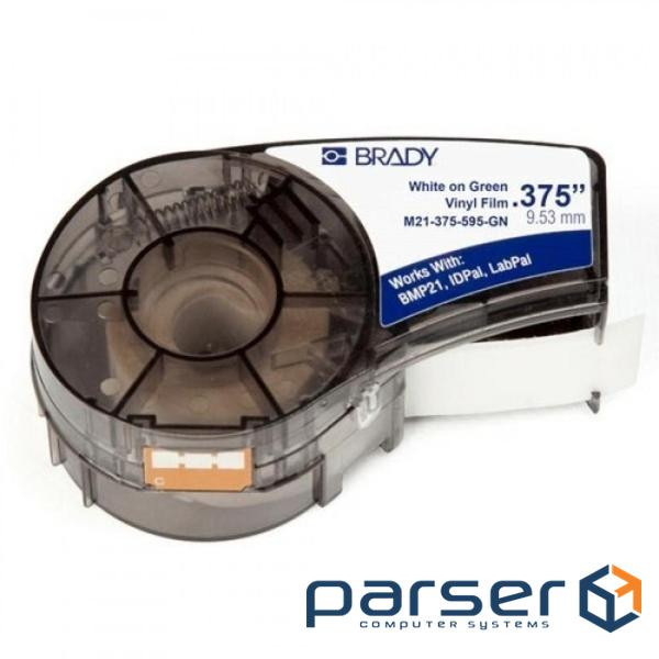 Brady vinyl label printer tape, 9.53mm / 6.4m. White on Green . (M21-375-595-GN)