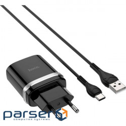 Charger HOCO C12Q Smart 1xUSB-A, 2.4A Black w/Type-C cable (6931474716293)