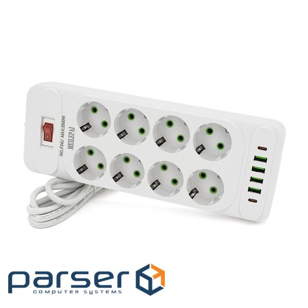 Мережевий фільтр F34U, 8 розеток EU + 4 USB + 2 PD, кнопка включення з індикатором, 2 м (F34U-White) (F34U-White)