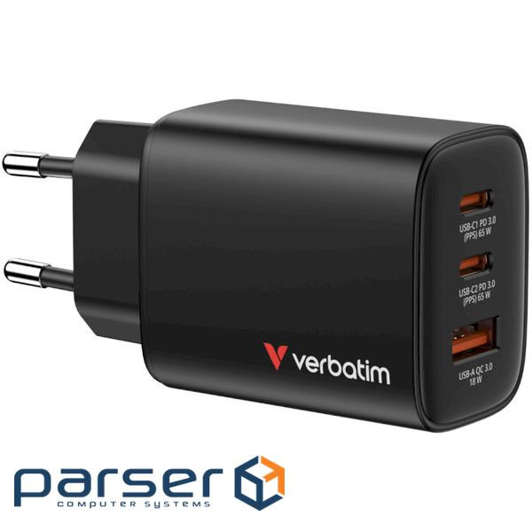Зарядний пристрій VERBATIM Essentials GaN 65W 2xUSB-C, 1xUSB-A, PD3.0, QC3.0 Black (32352)