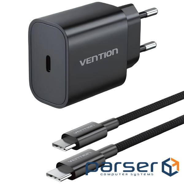 Зарядний пристрій 1xUSB-C 20W + USB-C cable М-М Black Vention (G16B0-EU)