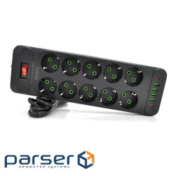Мережевий фільтр F35U, 10 розеток EU + 4 USB + 2 PD, кнопка включення з індикатором, 2 (F35U-Black) , 2 (F35U-Black)