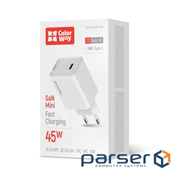 Мережевий зарядний пристрій ColorWay, White, 45 Вт , GaN, 1xType-C (PD3.0), Auto ID (CW-CHS057PD-WT)