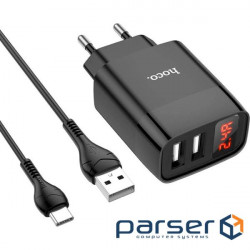 Charger HOCO C86A Illustrious 2xUSB-A, 2.4A Black w/Type-C cable (6931474746313)