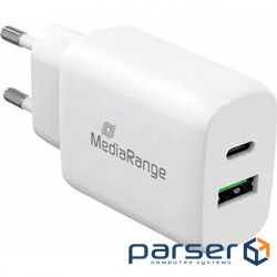 Зарядний пристрій MEDIARANGE 43W Fast charging 1xUSB-A, 1xUSB-C, PD3.0, QC3.0 White (MRMA113)