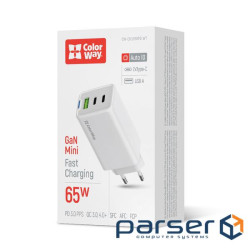 Мережевий зарядний пристрій ColorWay, White, 65 Вт, GaN, 2xType-C (65 Вт/20 Вт , P (CW-CHS058PD-WT)