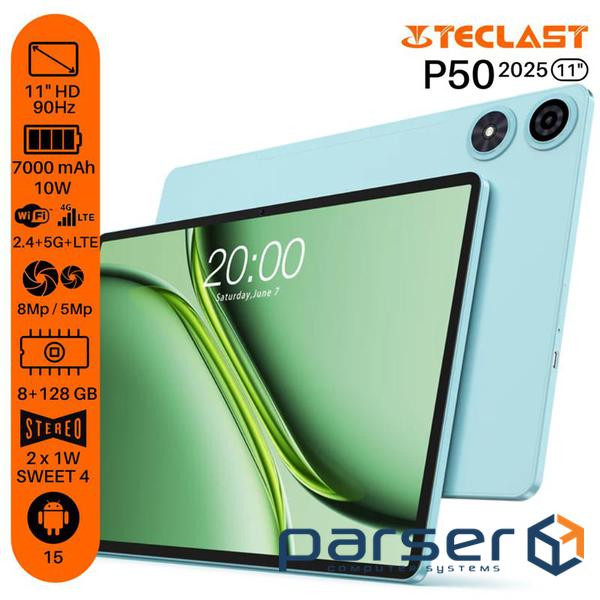 Планшет Teclast P50 (2025) 11" 8ГБ, 128ГБ, LTE, 7000мА•год, Android, блакитний (6940709687550)