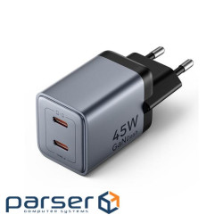 Зарядний пристрій Vention 2xUSB-C PD45W GaN transparent gray (FCFH0-EU)