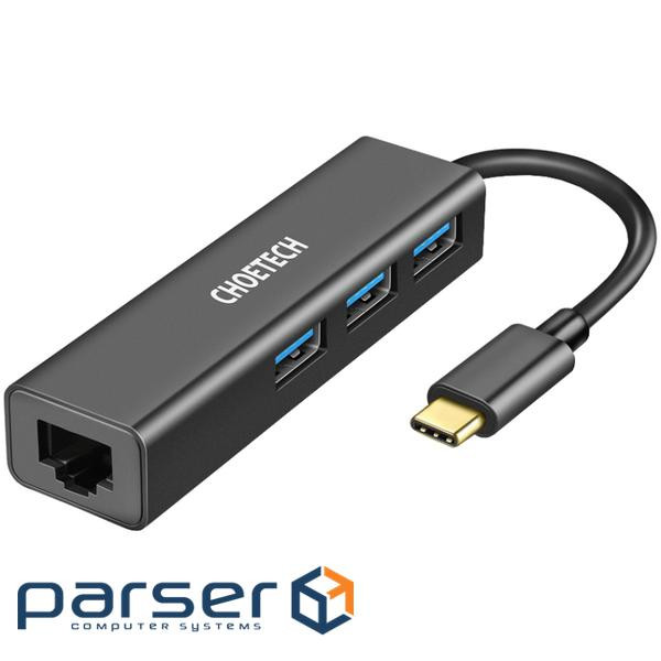 Хаб USB 3.1 -> 3х USB 3.0+RJ45(1000M) Ethernet 4 in 1 Hub Choetech (HUB-U02-BK)