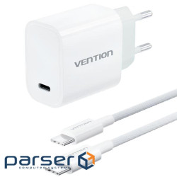 Зарядний пристрій 1xUSB-C 30W + USB-C cable М-М White Vention (G18W0-EU)