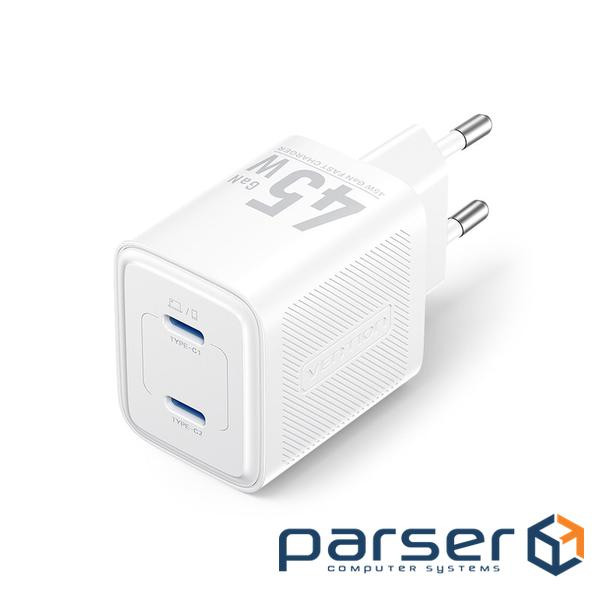 Зарядний пристрій Vention 2xUSB-C PD45W GaN transparent white (FCFW0-EU)