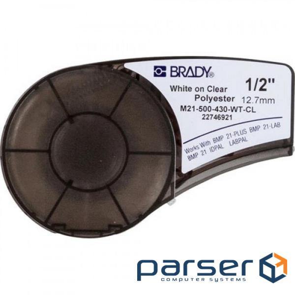 Brady label printer ribbon, polyester, 12.7mm / 6.4m. White on Transparent (M21-500-430-WT-CL)