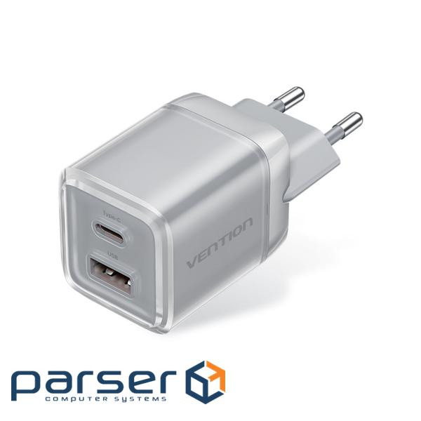 Зарядний пристрій Vention 1xUSB-C PD70W + 1xUSB QC3.0 22.5W GaN transparent gray (FCGH0-EU)