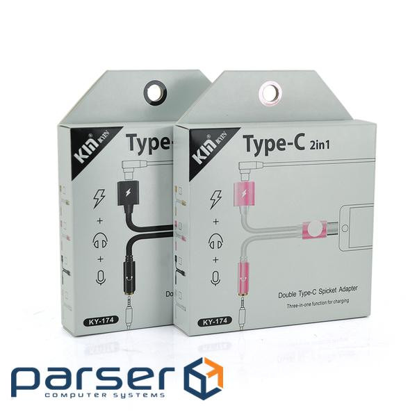 Перехідник 2 в 1 KY-174 Type-C(M) =>Type-C(F) + Jack 3.5mm(F), 5см, Black, Box (KY-174 Black)