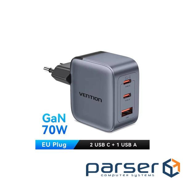 Зарядний пристрій VENTION 1xUSB-C, 1xUSB-A GaN Charger 70W Gray w/Type-C cable (TZ-FCGH0-EU)