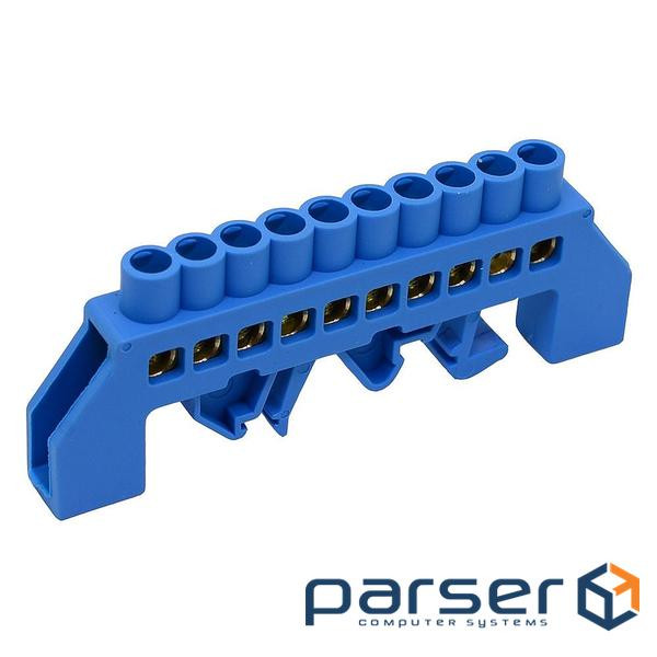 Шина нульова ізольована на DIN-рейку (універсальна) 10 отв., блакитна (T6U-10) (T6U-10)