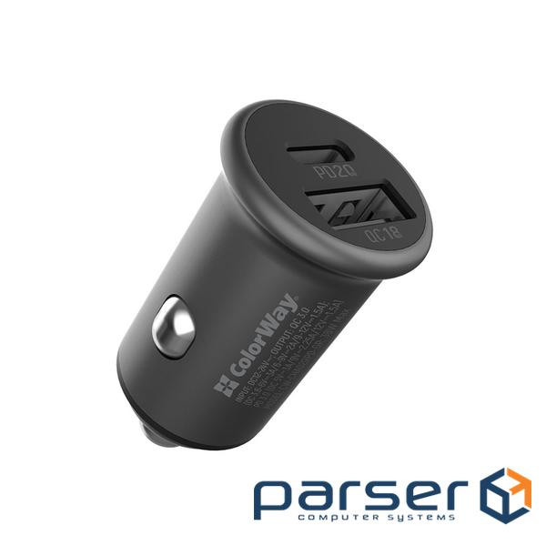 Зарядний пристрій ColorWay 2USB Car (Type-C PD20W + USB QC3.0 ) (38W) Gray (CW-CHA029PD-GR)