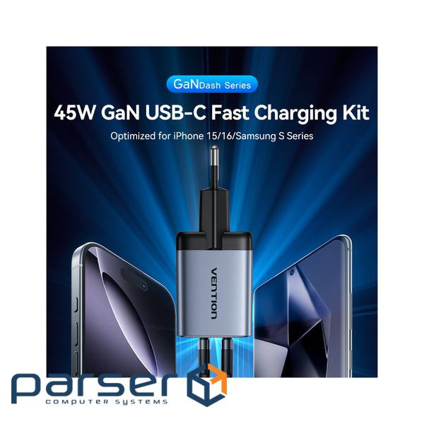 Зарядний пристрій Vention 2xUSB-C PD45W GaN + cable USB-C to USB-C 1.0m 5A gray (TZ-FCFH0-EU)