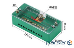 Паралельний розгалужувач-спліттер проводів JHD-1-10, 1фаза-1вхід М8, 10 виходу (латунь) 1, (JHD1-10) ) 1, (JHD1-10)