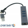 Адаптер Dynamode USB 3.0 Type-C/Type-A - RJ45 Gigabit Lan, 3*USB 3.0-порти, каб .13 (DM-AD-GLAN-U3)