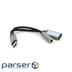 Перехідник VEGGIEG TC-208 Type-C(M) => Jack 3.5mm(F)+Type-C(F), 5см, Red, Пакет